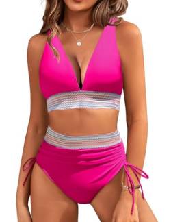 RITOSTA Damen Bikini Set Bauchweg High Waist Badeanzug Push Up Bademode Kordelzug Side Zweiteiliger Badeanzüge Sexy V Ausschnitt Bikinis für Frauen Swimsuits von RITOSTA