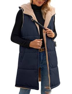 RITOSTA Weste Damen Lang Winterjacke Ärmellose Fleecejacke Warme Steppweste Winter Herbst Daunenweste Lang Steppjacke Casual Longweste Wintermantel mit Kapuze Reißverschluss von RITOSTA