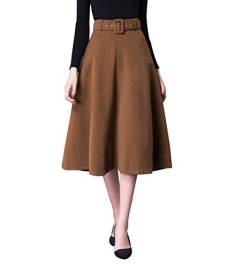 Damen Retro Elegante Hohe Taille Midi Wollrock a Linie Passenden Gurt Herbst Winter Warm Mode Röcke Langen Wolle Rock Ausgestelltem Feste Farbe Rock (S (Taille: 64 cm, Länge: 75 cm), Khaki) von RIZ-ZOAWD