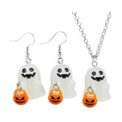 RJSQAQE Halloween-Ohrring-Halskette für Damen, Halloween-Ohrringe und Halsketten-Set, leuchtet im Dunkeln, Acryl, Kürbis-Geister-Ohrringe, Halloween-Schmuck-Zubehör, Metall von RJSQAQE