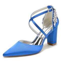 RJYAUEFR Frau Geschlossene Zehen Hochzeit Pumps High Heels Block Heel Brautschuhe mit Kreuzriemchen,Blau,43 EU von RJYAUEFR