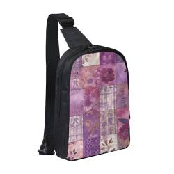 Sling Bag für Damen und Herren, trendiger Sling-Bakpack, lässige Brusttasche, orangefarbene Blumen, Bauchtasche für Reisen, Wandern, Lila Blumen Collage, Einheitsgröße von RLDOBOFE