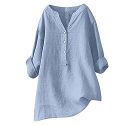 Leinenbluse Damen Sommer Baumwolle Leinen Langarmshirt Tunika Tops Oberteile Tshirt Langarm V-Ausschnitt Locker T Shirt Damen Blusenshirt Oversize Pullover Longbluse Botton Down T-Shirts für Damen von RLEHJN