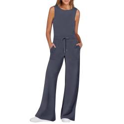 RMBLYfeiye Hosenanzug Damen Business Latzhose Damen Jeans Eleganter Jumpsuit Damen Einfarbiges Rundhals Ärmelloser Jumpsuit Lang Tunnelzug Overall Mit Taschen Blaumann Damen (Dunkelblau, L) von RMBLYfeiye