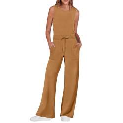 RMBLYfeiye Jumpsuit Damen Sommer Einfarbiges Rundhals Ärmelloser Jumpsuit Lang Tunnelzug Overall Mit Taschen Straight Leg Festlich Hosenanzug Business Playsuit Casual Romper Schlaghose von RMBLYfeiye