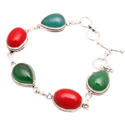 RNGEMS Versilbertes Armband für Damen, Modeschmuck, versilbertes Armband, handgefertigtes Edelsteinarmband, Schmuck für Damen und Mädchen, Charm-Armband, Korallenedelstein-Armband, 20 g/m², BH-0969, von RNGEMS