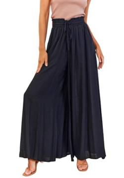 ROFUSSO Damen Hose mit Weitem Bein Casual Leichte Palazzo Hose Freizeithose Hohe Taille Elastisch Sommerhose Elegante Einfarbig Stoffhose mit Taschen Kordelzug von ROFUSSO