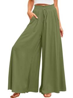 ROFUSSO Damen Hose mit Weitem Bein Casual Leichte Palazzo Hose Freizeithose Hohe Taille Elastisch Sommerhose Elegante Einfarbig Stoffhose mit Taschen Kordelzug von ROFUSSO