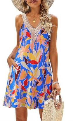 ROFUSSO Damen Sommerkleider Boho Strandkleid Ärmellos Blumen Tank Kleid Casual V-Ausschnitt Swing Knielang Midikleid Freizeit Bohemian Trägerkleid mit Taschen von ROFUSSO