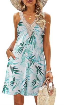 ROFUSSO Damen Sommerkleider Boho Strandkleid Ärmellos Blumen Tank Kleid Casual V-Ausschnitt Swing Knielang Midikleid Freizeit Bohemian Trägerkleid mit Taschen von ROFUSSO