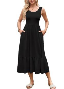 ROFUSSO Sommerkleid Damen Lang Ärmelloses Maxikleid Elegante Rundhals Tank Kleid Freizeitkleid Strandkleid Leicht und Luftig Boho Kleid mit Taschen von ROFUSSO