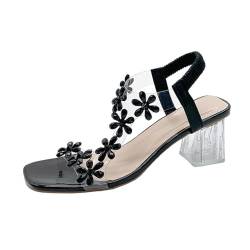 Damen-Sandalen mit Strass-Blume, klarer Blockabsatz, quadratischer Zehenbereich, modisch, elastisch, Knöchelriemen, Party, Hochzeit, Schwarz , 40 EU von ROMPOTY