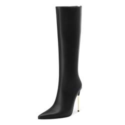 ROSERWISH Kniehohe Damenstiefel, sexy, spitzer Zehenbereich, hohe Absätze, breite Wade, Stiletto-Stiefel, Lederstiefel mit Reißverschluss, Herbst, Komfort, modische Anzugschuhe, Schwarz, 40.5 EU von ROSERWISH