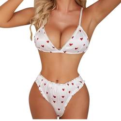 ROSVAJFY 2-Teiliges Unterwäsche Set mit Herz-Print BH Plissiertes Höschen-Set, Sexy Dessous-Set Süßer Babydoll V-Ausschnitt Lingerie Stretch Komfort Pyjama-Set S-XL (Weiß, XL) von ROSVAJFY