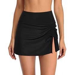 RPAEOY Badeshorts Damen Baderock mit Innenslip High Waist Badehose Plissierte Tunnelzug Bikinirock Schwimmhose Bikinihose Badekleid Bademode Strand Rock Sportrock Badebekleidung (Schwarz,L) von RPAEOY