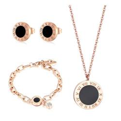 RPAEOY 3 Stück Schmucksets für Damen Edelstahl Römische Ziffern Anhänger Halskette Ohrringe Armband Set mit Zirkonia Hypoallergene Modeschmuck Brautschmuck (Roségold) von RPAEOY