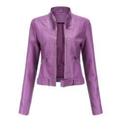 RQPYQF Damen PU Leder Jacke, Motorrad Moto Biker Lederjacke Reißverschluss Mantel Kurz Leicht Kunstlederjacke WT43 (Violett, S) von RQPYQF