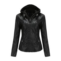 RQPYQF Damen PU Leder Jacke, Motorrad Moto Biker Lederjacke mit Kapuze Reißverschluss Mantel Kurz Leicht Kunstlederjacke WT41 (Schwarz, L) von RQPYQF