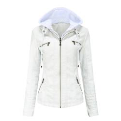 RQPYQF Damen PU Leder Jacke, Motorrad Moto Biker Lederjacke mit Kapuze Reißverschluss Mantel Kurz Leicht Kunstlederjacke WT41 (Weiß, S) von RQPYQF