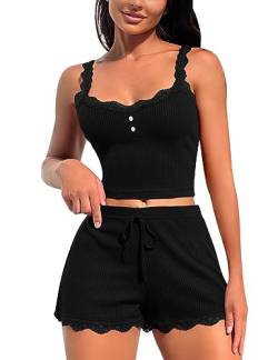 RSLOVE Damen Nachtwäsche aus Spitze Sexy Pyjama Set 2 teilige Oberteile und Shorts Schwarz M von RSLOVE