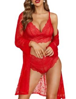 RSLOVE Sexy Dessous Set für Damen 3 teilig Spitzen Kimono mit BH und Höschen Rot L von RSLOVE