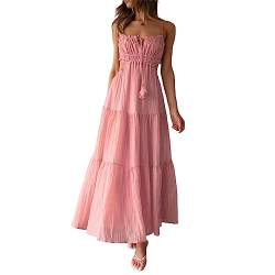 Damen Sommer Bohemian ärmellose Kleid Boho Rücken Less Maxikleid Boho Low geschnittene Langkleid quadratische Kragen Maxi Kleid Streetwear (Boho Pink, L) von RTGSE