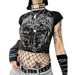 Frauen Y2K Graphic Print T-Shirt Gothic Punk Crop Top Casual Kurzarm Crop Tee Vintage Shirts Harajuku Streetwear (Gothic Punk Black, M) von RTGSE