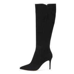 RUIBAOBAO Damen High Heels Stiefel Schwarz Stiletto Schwarz Hinten Überzieher Overknee Spitze Zehen Kunstleder Stiefel Wildleder Hohe Wade Dünner Absatz Dress,Black,44 von RUIBAOBAO