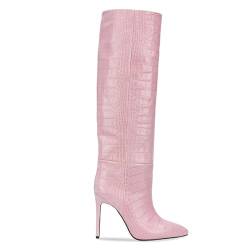 RUIBAOBAO Damenstiefel High Heels Imitation Krokodilmuster Spitzschuh Stiletto Schwarz Unter Dem Knie Ultrahoch Slip-on Hohe Wadenhöhe Helles Kleid Party,Pink,37 von RUIBAOBAO