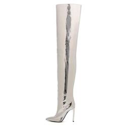 RUIBAOBAO Damenstiefel Über Dem Knie High Heels Silberfarben Spitze Zehenpartie Zum Reinschlüpfen Stiletto Lackleder Ultrahoher Schaft Dünner Absatz Winter-Party,Silver,39 von RUIBAOBAO