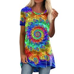 RUIRUILICO Longbluse Damen Sommer Damenblusen Bunt Bluse Kurzarm Rundhal Shirts Vintage Boho Tshirt Elegant und Lang Flowy Locker Bunte Tunika Damen Oversize Mode Frühling Sommer Buntes Oberteil von RUIRUILICO