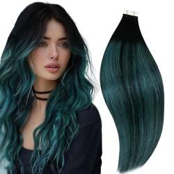 RUNATURE Tape in Extensions Echthaar Schwarz Ombre Grün Echthaar Extensions Tape 40cm Tape Extensions Echthaar Schwarz Ombre Teal Balayage Echte Haare 20 Stück 50g #1b/Teal von RUNATURE