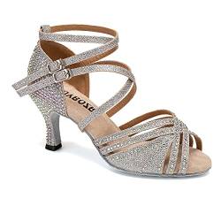 RUYBOZRY Tanzschuhe Damen Latein Glitzer Strass Satin Professionelle Tanzschuhe Damen Bachata Salsa mit 7,5 cm Absatz Silber,EU 37.5 von RUYBOZRY