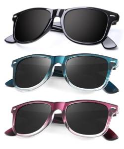 RWCHCWRH Polarisierte Sonnenbrille für Damen und Herren, mattes Finish, farbige Spiegelgläser, UV-blockierend, 3 Stück, Glänzendes Schwarz/Farbverlauf Lila/Farbverlauf Blau, Multicoloured von RWCHCWRH