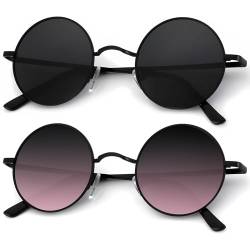 RWCHCWRH Runde polarisierte Sonnenbrille für Herren und Damen, Retro, Metall, Hippie-Stil, kreisförmig, UV-Schutz, B32, schwarz + schwarzer Rahmen, violette Farbverlaufslinse, 45 Millimeters von RWCHCWRH