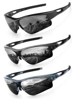 RWCHCWRH Sport-Sonnenbrille für Herren, polarisierte Sonnenbrille für Männer und Frauen, Jugendliche, Baseball, Softball mit UV-Schutz, (3 Packungen) Glänzend Schwarz/Glänzend Transparent Grau/Gl von RWCHCWRH