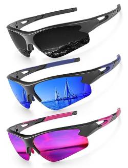 RWCHCWRH Sport-Sonnenbrille für Herren, polarisierte Sonnenbrille für Männer und Frauen, Jugendliche, Baseball, Softball mit UV-Schutz, (3 Packungen) Schwarz/Violett/Dunkelblau von RWCHCWRH