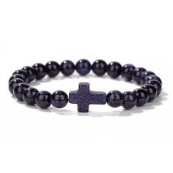 RWGSNB Perlen Armband, 8 mm Armband Aus Natürlichem Blauem Sandstein Edelstein Mit Kreuz Runden Perlen Steinarmbändern Elastischen Armbändern Energiequarz Reiki Yoga Perlenarmband für Frauen und von RWGSNB