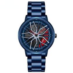 RWXCOW Auto Rad Felgen Nabenuhr - Hohl wasserdicht Sport Uhr für Herren Geschenke Armbanduhren, wasserdichte Edelstahl Armbanduhr, wasserdichte Edelstahl Armbanduhr.Stahlband(Blau) von RWXCOW
