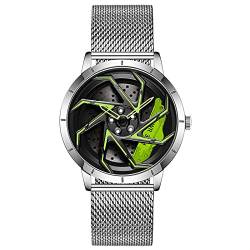 RWXCOW Herren Uhr Automatik Wasserdicht Herrenuhr Hohl Quarzuhr Motorsport Herren Armbanduhr Titan Edelstahl/Lederarmband Uhren Herren （D-Maschengürtelsilber+grün） von RWXCOW