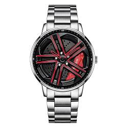 RWXCOW Herren Uhr Automatik Wasserdicht Herrenuhr Hohl Quarzuhr Motorsport Herren Armbanduhr Titan Edelstahl/Lederarmband Uhren Herren （F-StahlbandSilber+rot） von RWXCOW