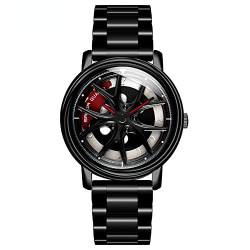 RWXCOW Herren Uhr Kreativ Armbanduhren,Autorad Felgennabenuhr,Auto Rad Felgen Nabe Uhr, Männer Sport Wasserdicht Custom Design Armbanduhr,3D Auto Rad Felge Nabe Quarz Herrenuhr (A-Schwarz) von RWXCOW