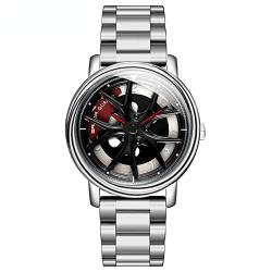 RWXCOW Herren Uhr Kreativ Armbanduhren,Autorad Felgennabenuhr,Auto Rad Felgen Nabe Uhr, Männer Sport Wasserdicht Custom Design Armbanduhr,3D Auto Rad Felge Nabe Quarz Herrenuhr (A-Silber-) von RWXCOW