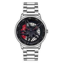 RWXCOW Herren Uhren, Auto Rad Felgen Nabe Uhr, Hohl wasserdicht Sport Uhr für Herren Geschenke Armbanduhren Silber-（Stahlband） von RWXCOW