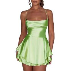 RWYBEYW Women Sexy Backless Short Romper Silk Satin Mini Dress Cowl Neck Cross Tie Ruffle Spaghetti Strap Jumpsuit Mini Dress (Light Green, S) von RWYBEYW