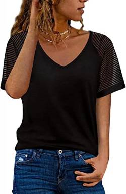 Schwarz T Shirt Damen Oversize Shirt V Ausschnitt Baumwolle Cold Shoulder Shirts Sommer Damen Sexy Oberteile Kurzarm M von Ranphee