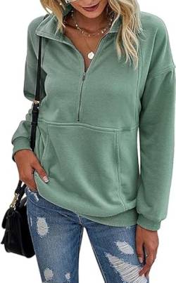 Sweatshirt Damen ohne Kepuze Grün Warm Baumwolle Sweatpullover Langarm Moderne Sweat Frauen Pullover mit Reißverschluss Oberteil XL 1X von Ranphee