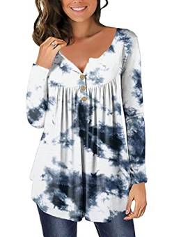 Ranphee Tshirt Trachtenbluse Damen V Ausschnitt Knopfleiste Langarmshirt Festival Outfit Elegant Oversize Shirt Damen Top Bluse Longshirt Oberteile Tunika Tie-Dye M von Ranphee