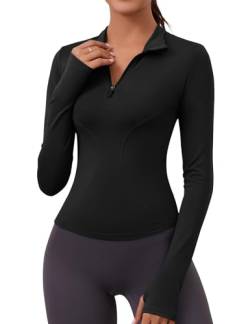 Rapbin Sportshirt Damen Laufshirt Langarm Leicht Fitness Crop Top mit Reißverschluss und Daumenloch Schwarz S von Rapbin