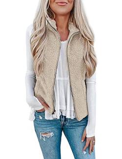 Raphin Damen Mantel Herbst Casual Leicht Ärmellos Weste Damen Lang Einfarbig Elegant Mode Teddyfell Jacke Damen(Khaki,S) von Rapbin